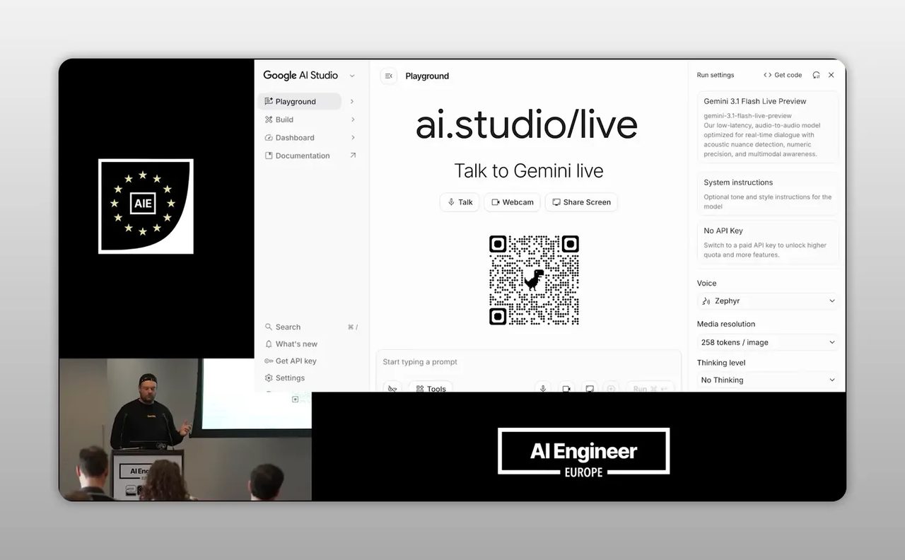 หน้า Google AI Studio แสดง ai.studio.live พร้อมข้อความ Talk to Gemini live และคิวอาร์โค้ด