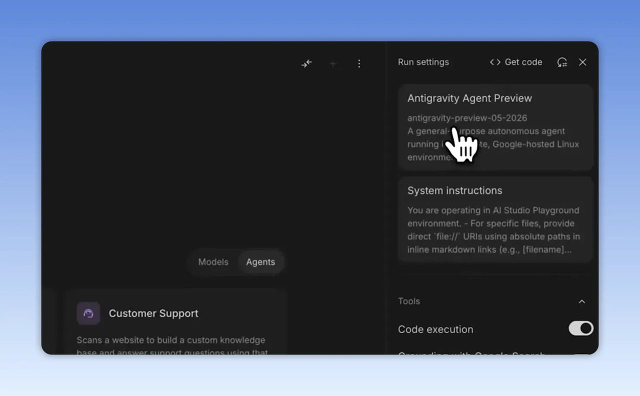 หน้าต่างเลือก model ใน Google AI Studio โดยเปิดแท็บ Agents