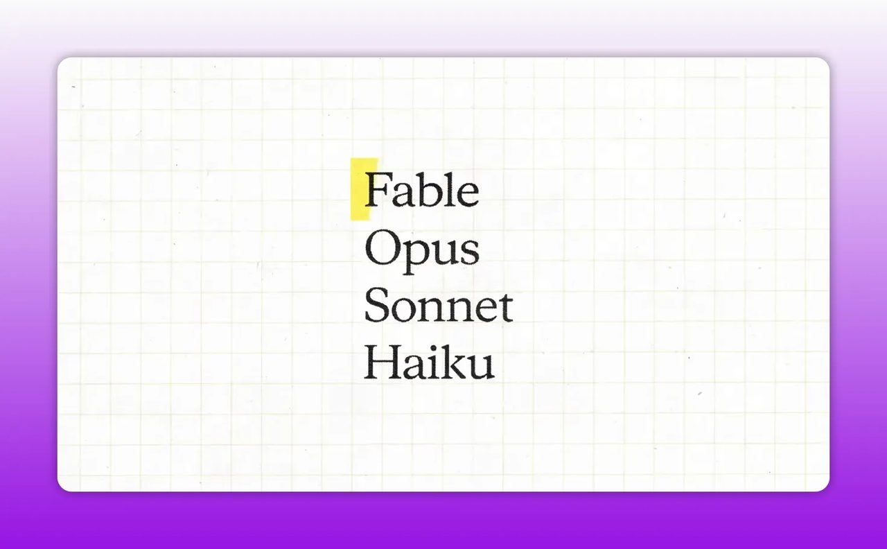 คำว่า Fable ถูกไฮไลต์อยู่เหนือรายการ Opus Sonnet และ Haiku