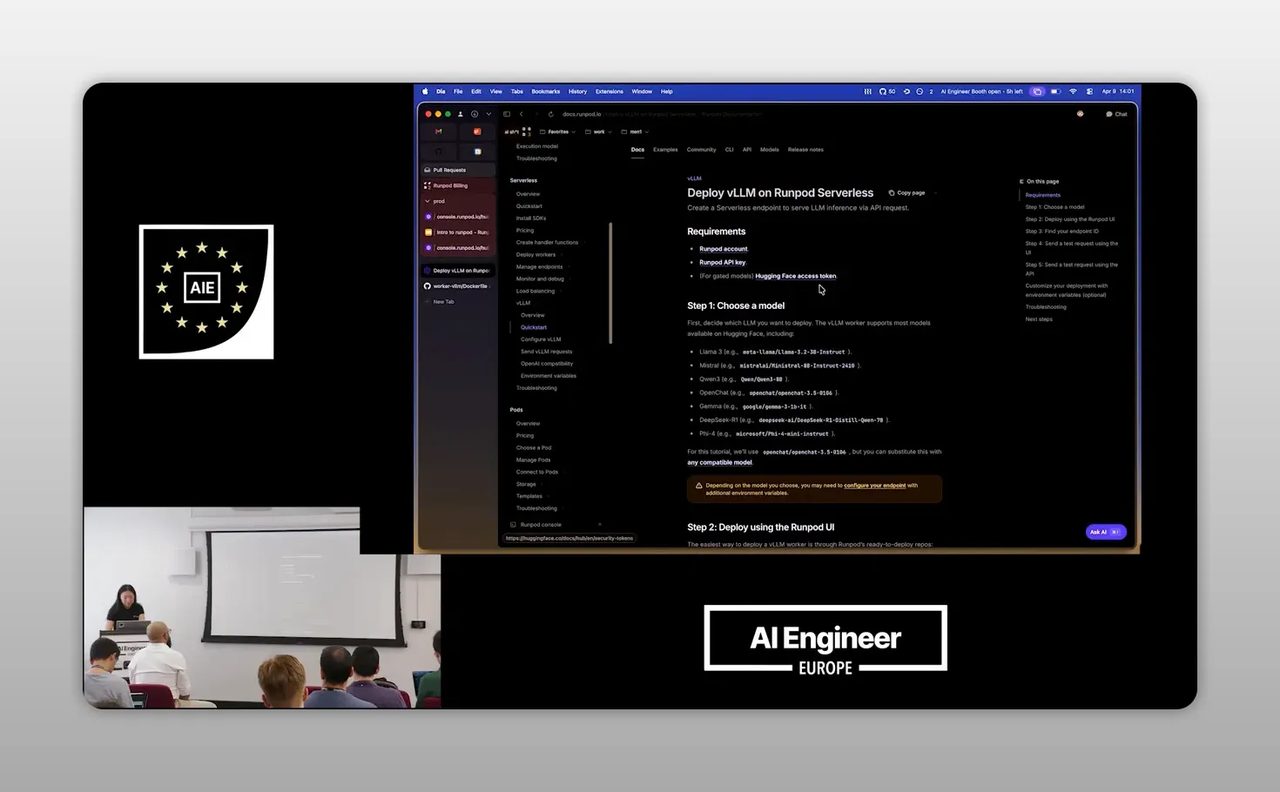 หน้า advanced deployment settings ของ RunPod สำหรับ vLLM พร้อมตัวเลือก model และพารามิเตอร์หลายรายการ