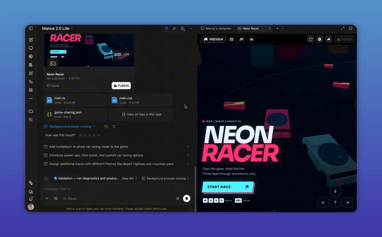 หน้าจอโปรเจกต์ Manus พร้อมไฟล์โค้ดและตัวอย่างเกม Neon Racer