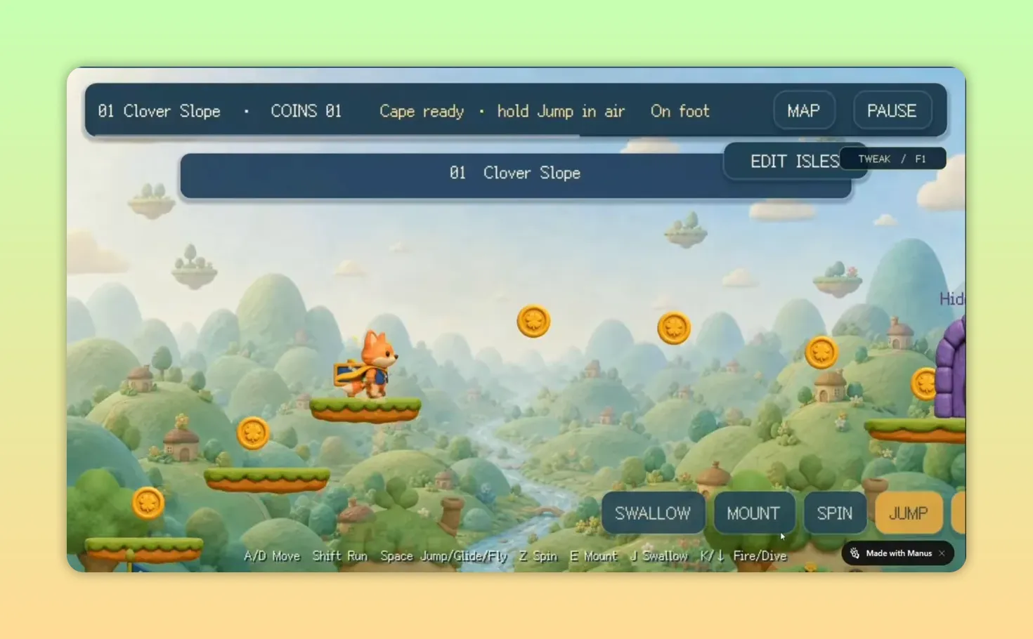 ฉากเกมแพลตฟอร์มพร้อมปุ่ม EDIT ISLES และ TWEAK