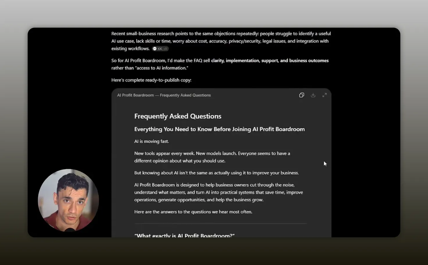 ตัวอย่างเอกสาร FAQ ของ AI Profit Boardroom ที่แสดงในคลิป