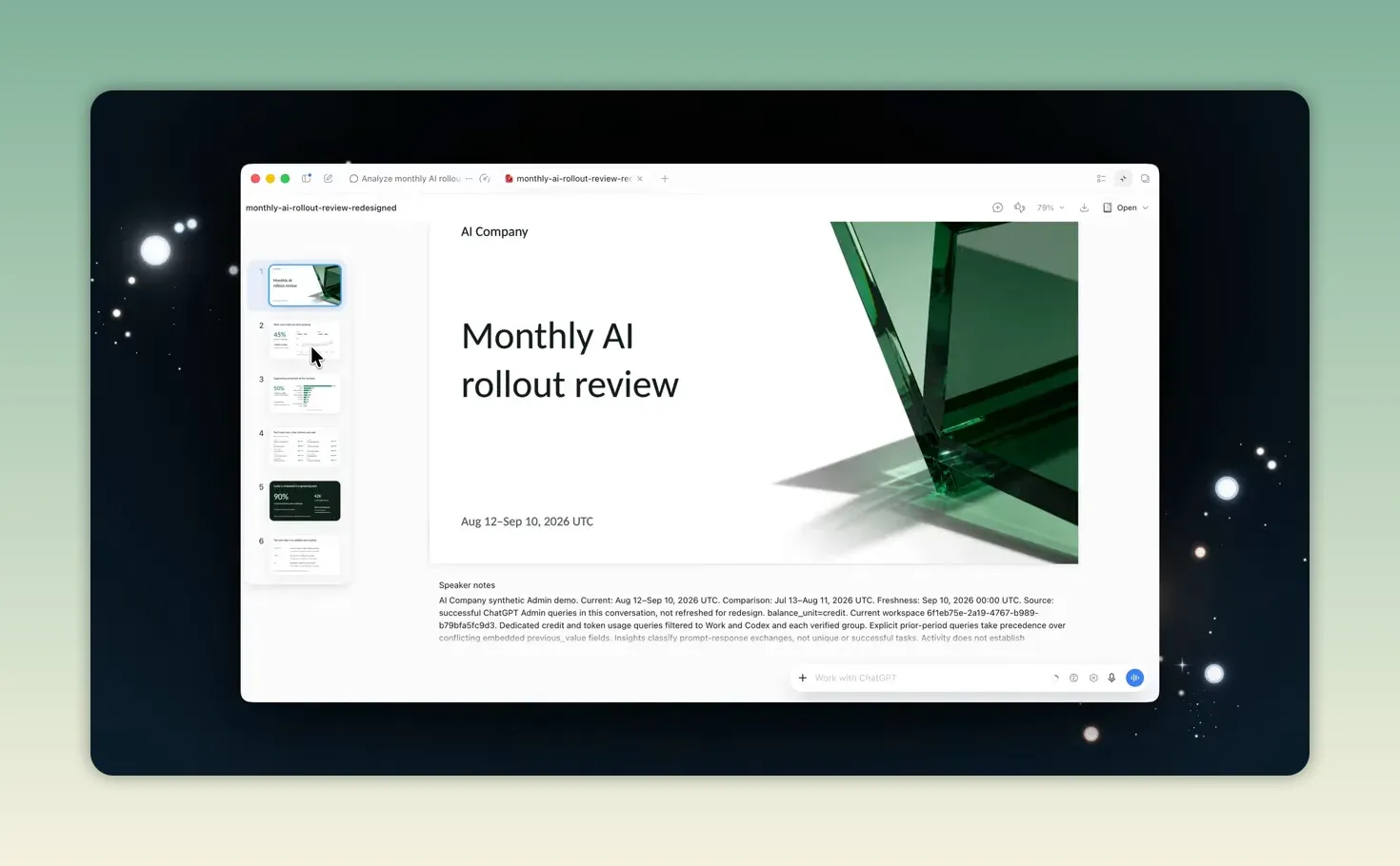สไลด์หน้าปก Monthly AI rollout review ที่สร้างจากการวิเคราะห์ในเดโม
