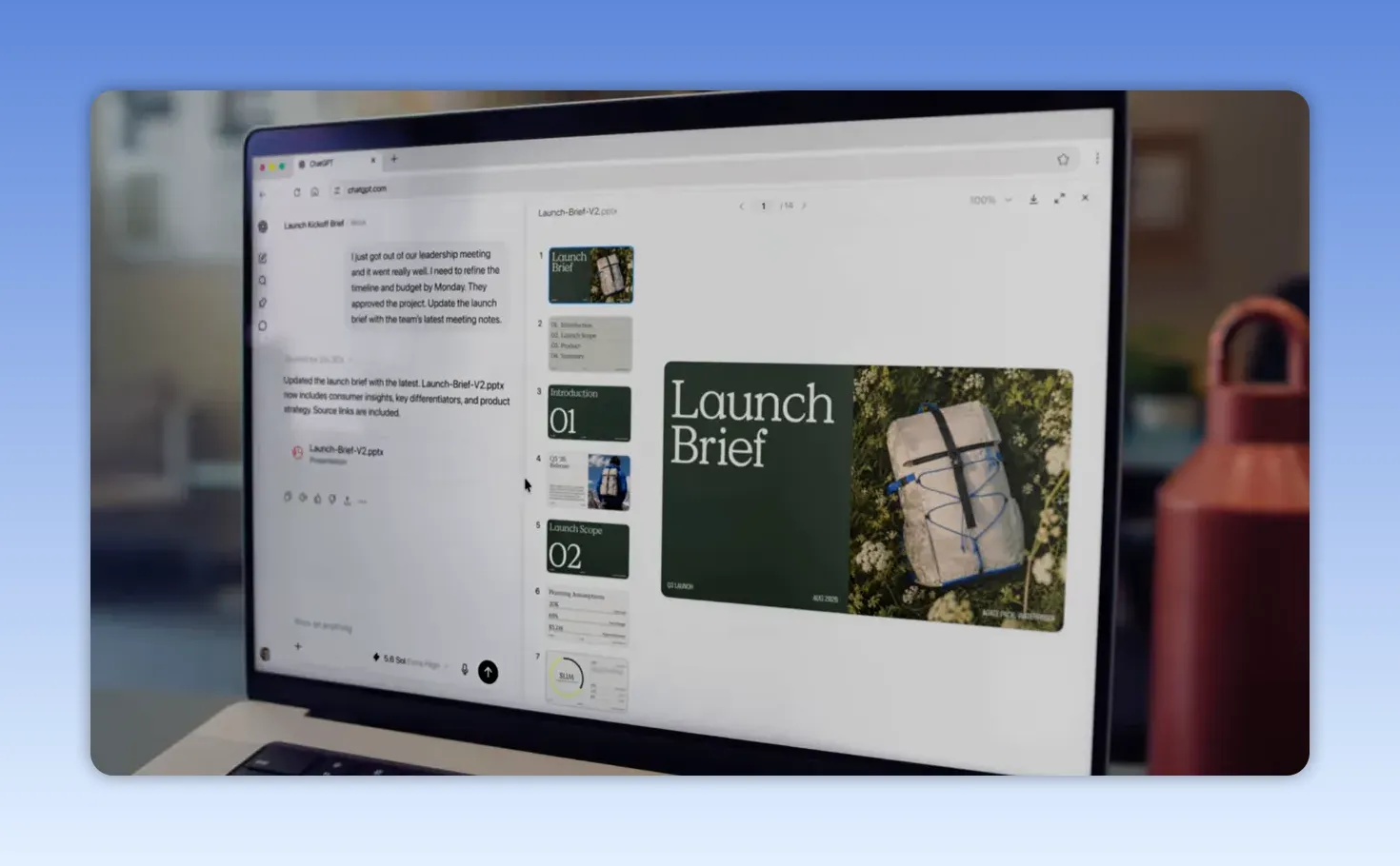 ภาพจากคลิปแสดง ChatGPT กับไฟล์ Launch-Brief-V2.pptx และสไลด์ Launch Brief