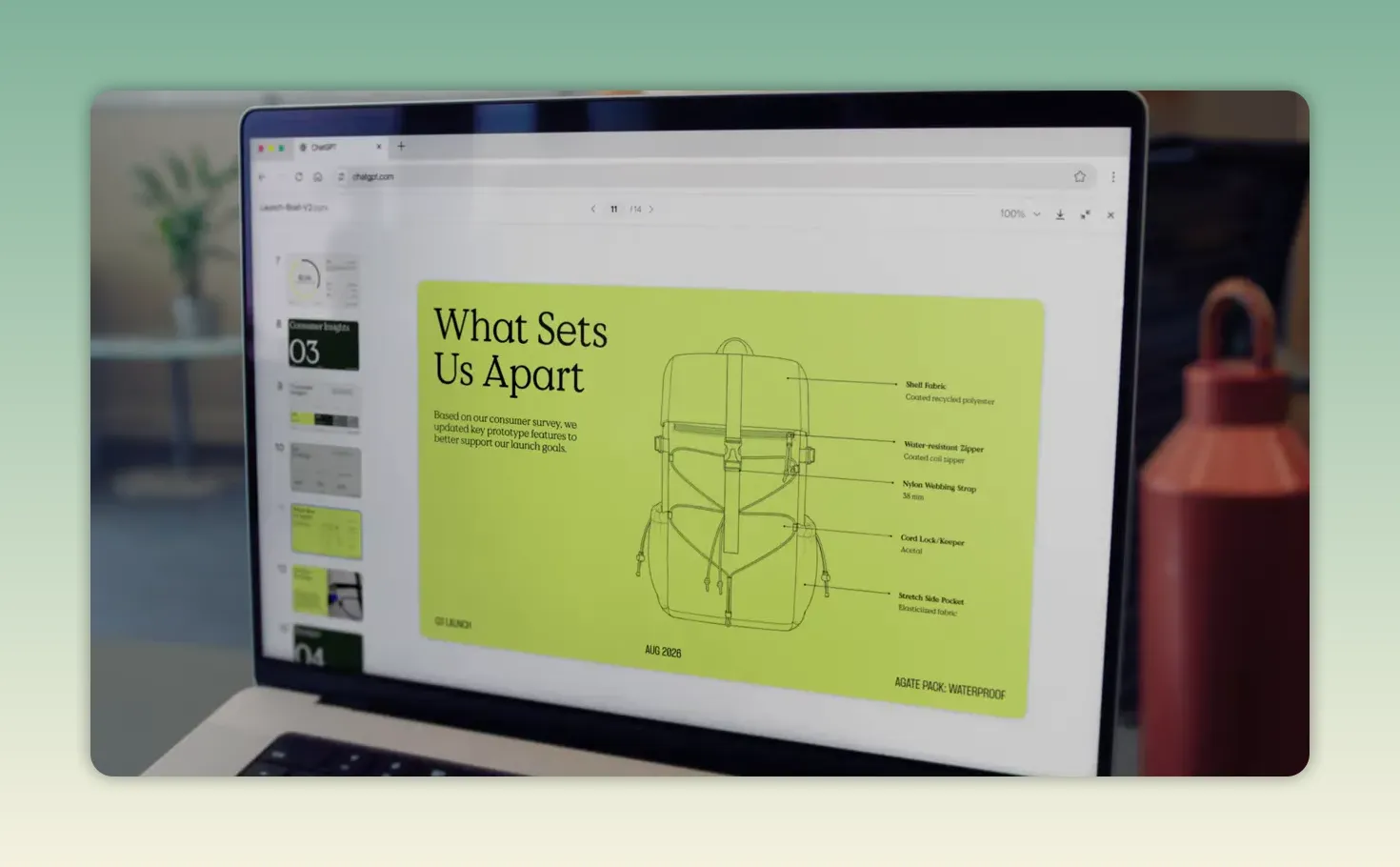 สไลด์ What Sets Us Apart ในคลิปแสดงภาพร่างกระเป๋าและรายละเอียดวัสดุ