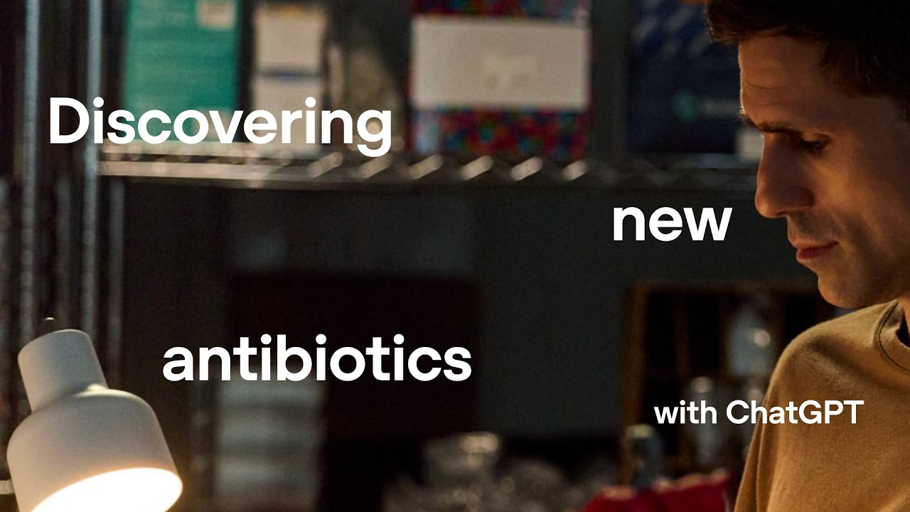ภาพปกนักวิจัยในห้องปฏิบัติการพร้อมข้อความ Discovering new antibiotics with ChatGPT
