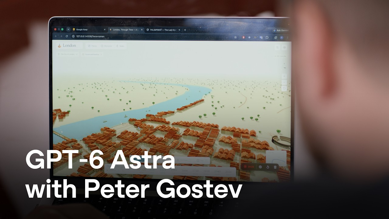 ภาพปกจากคลิป OpenAI แสดงแผนที่ลอนดอนแบบ voxel บนคอมพิวเตอร์ พร้อมชื่อ Peter Gostev