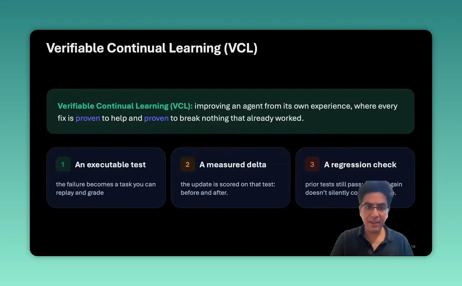 สไลด์ Verifiable Continual Learning แสดง executable test measured delta และ regression check