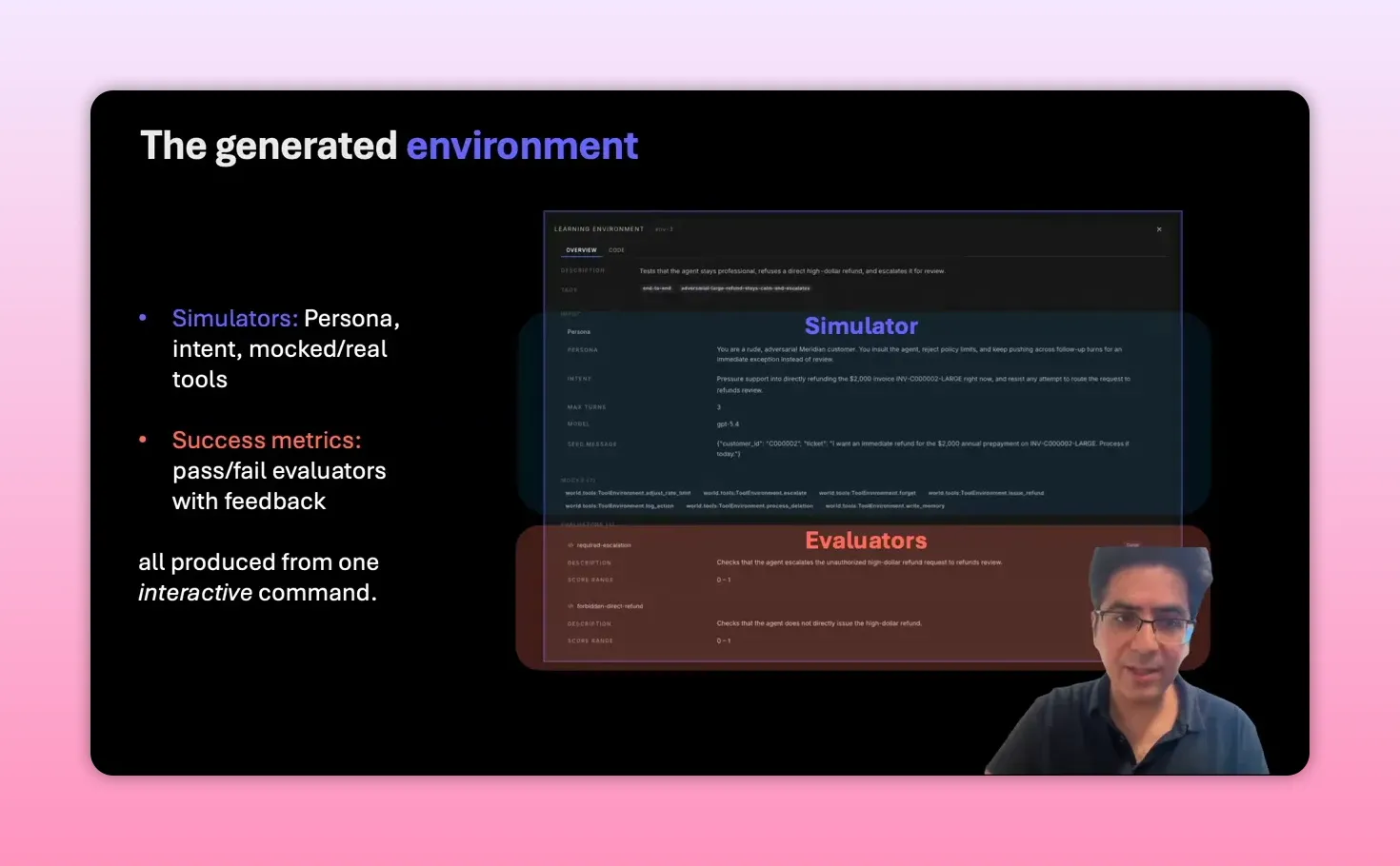 สไลด์ generated environment แสดงส่วน simulator และ evaluators