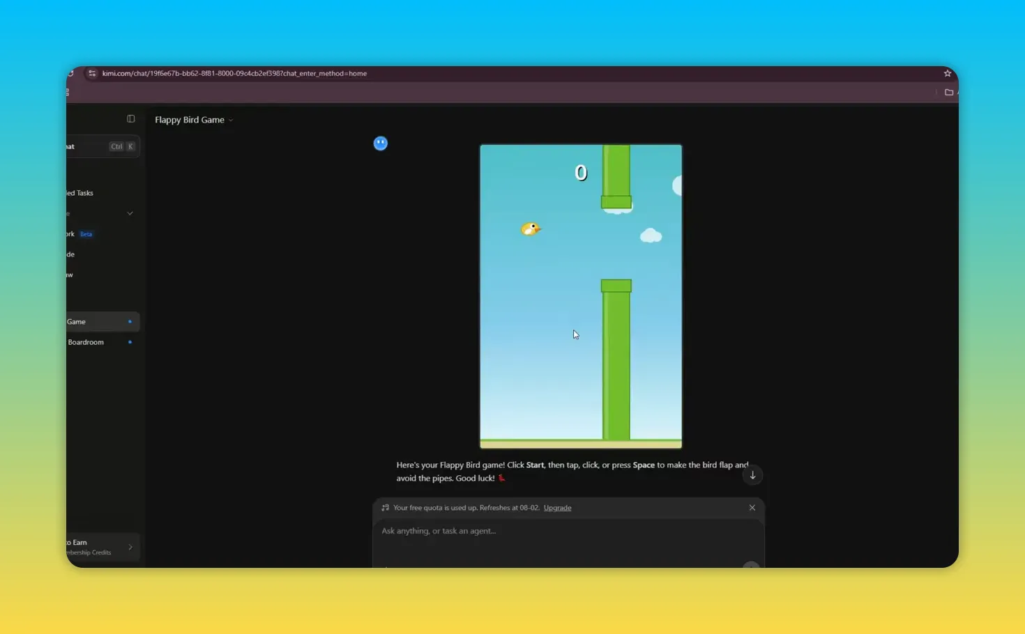 เกม Flappy Bird บนหน้าจอแนวตั้งพร้อมท่อสีเขียวและตัวนก