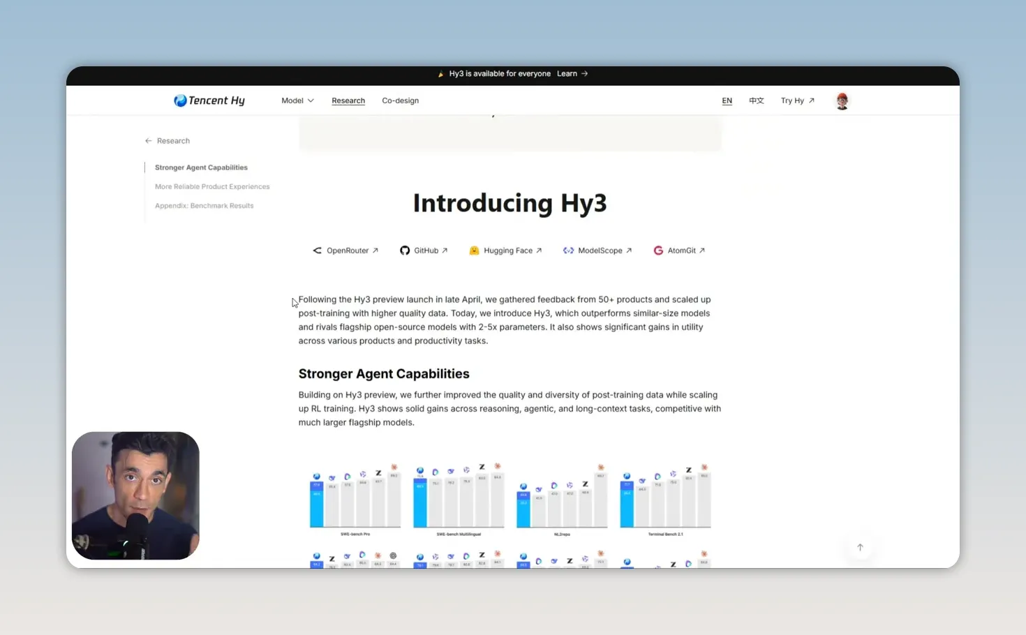 หน้าเว็บ Introducing Hy3 พร้อมหัวข้อและกราฟเปรียบเทียบความสามารถของ agent
