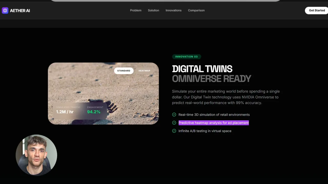 สไลด์ Digital Twins Omniverse Ready พร้อมกราฟจำลอง traffic/engagement และแนวคิดการทดสอบ A/B