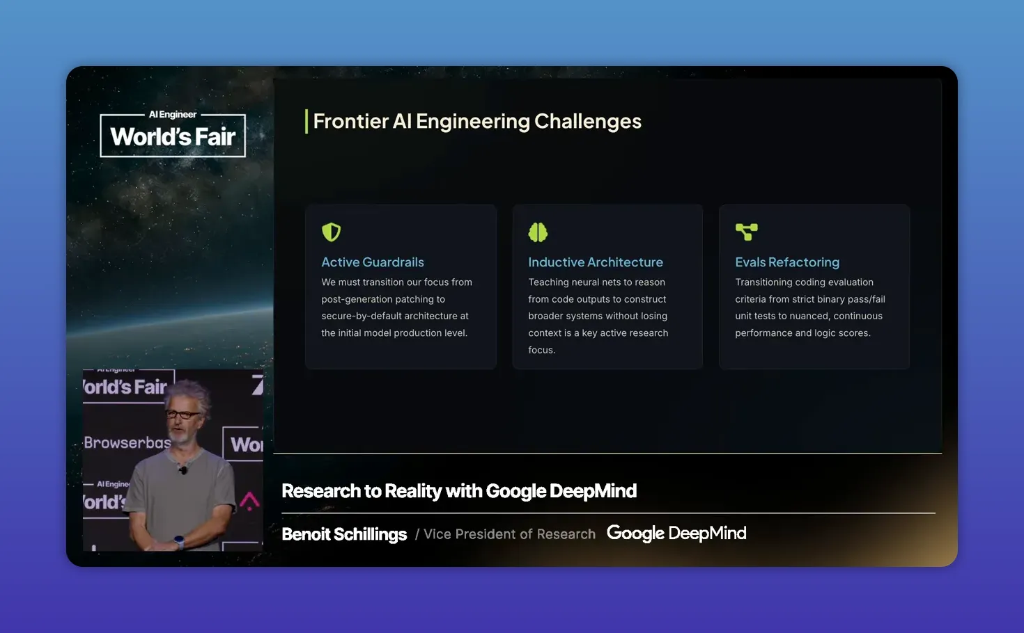 สไลด์ Frontier AI Engineering Challenges แสดงหัวข้อความท้าทายสามด้าน
