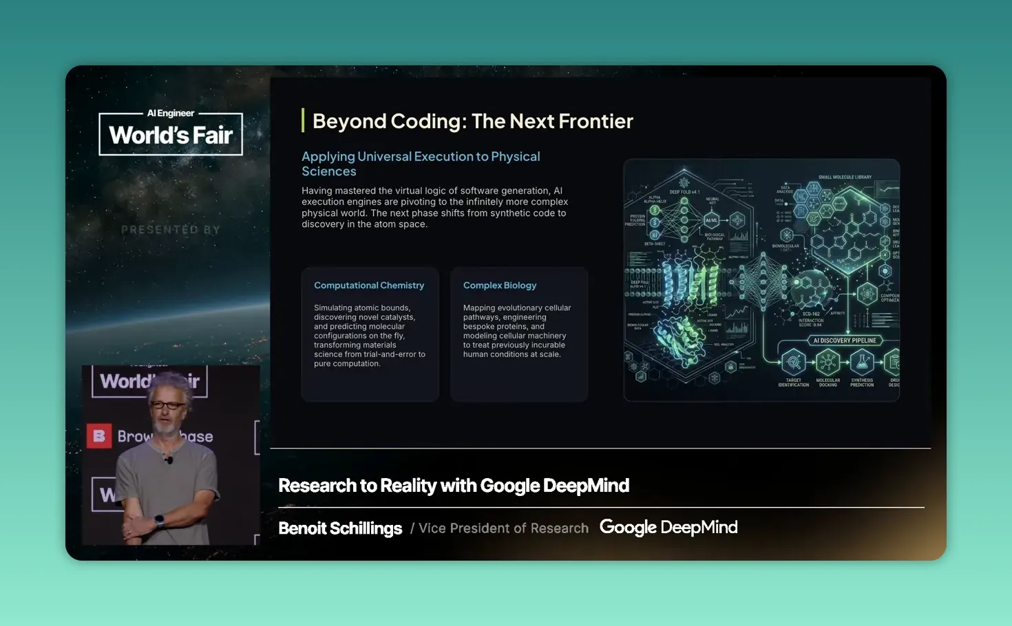 สไลด์ Beyond Coding The Next Frontier พร้อมภาพโครงสร้างโมเลกุลสีเขียว