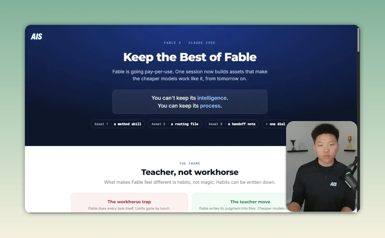 สไลด์หัวข้อ Teacher, not workhorse แสดงภาพเปรียบเทียบให้ Fable ทำทุกอย่างกับให้ Fable สอนระบบ