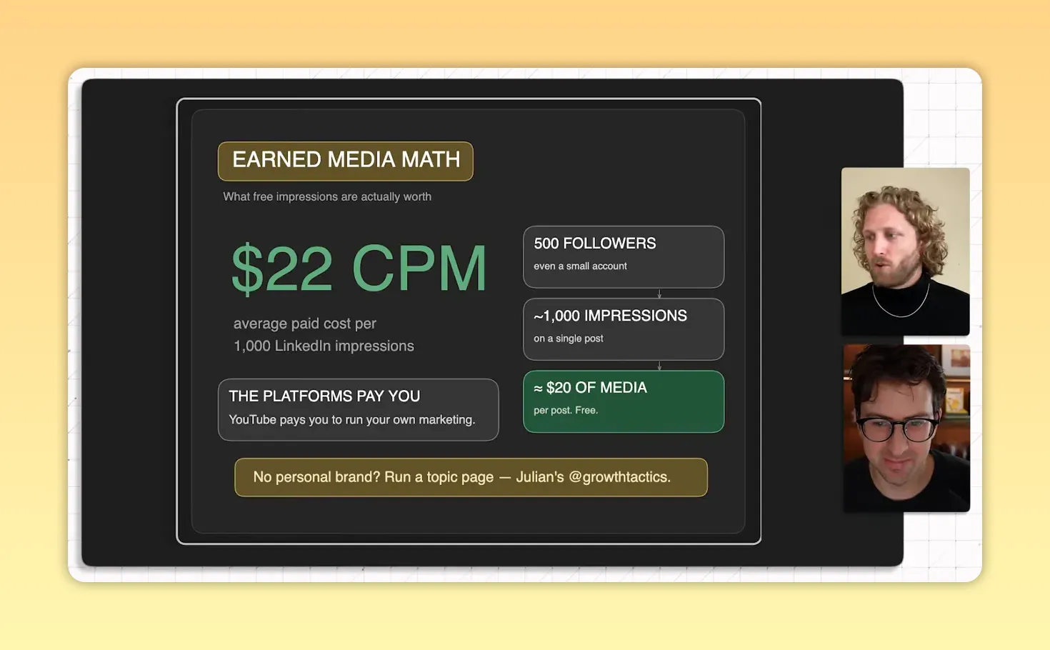 สไลด์แสดงการเปรียบเทียบมูลค่า earned media กับค่าโฆษณา CPM บน LinkedIn