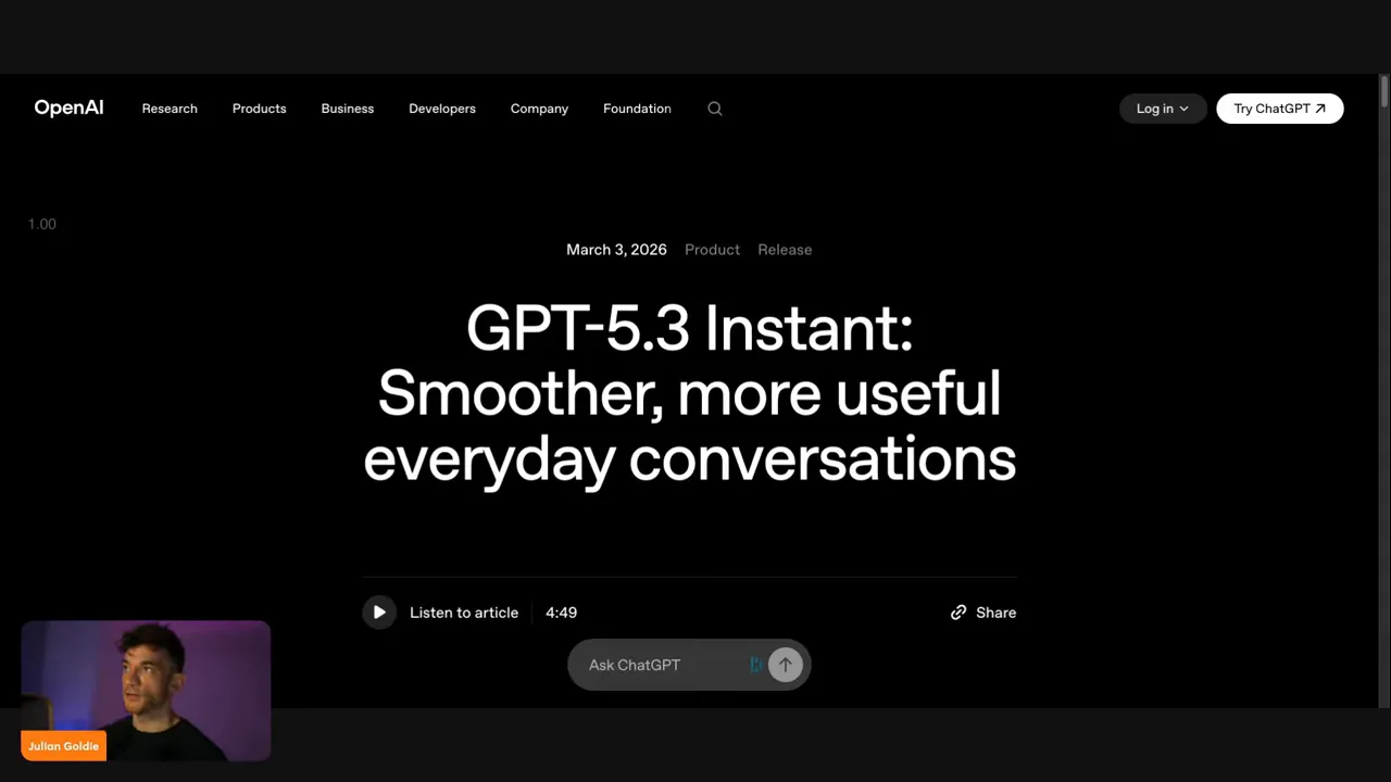 OpenAI landing page headline announcing GPT-5.3 Instant