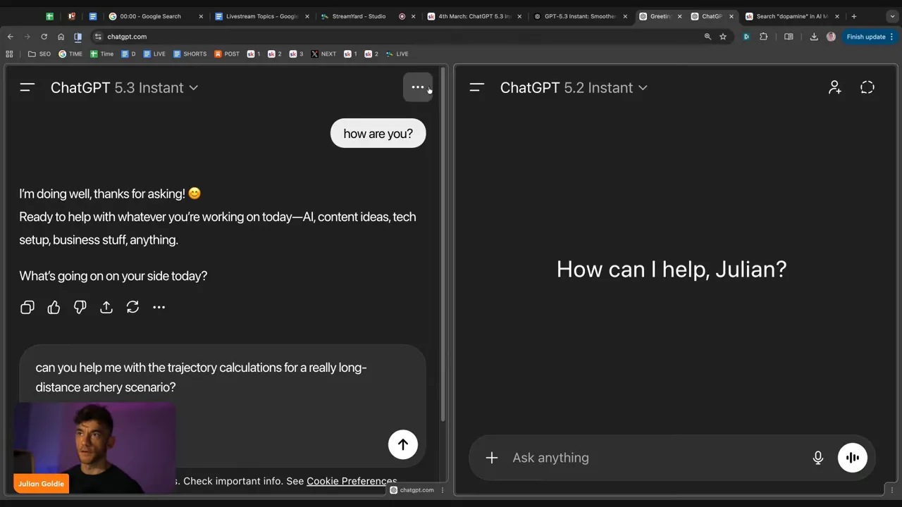 หน้าจอเปรียบเทียบคู่ ChatGPT 5.3 Instant ทางซ้าย และ ChatGPT 5.2 ทางขวา