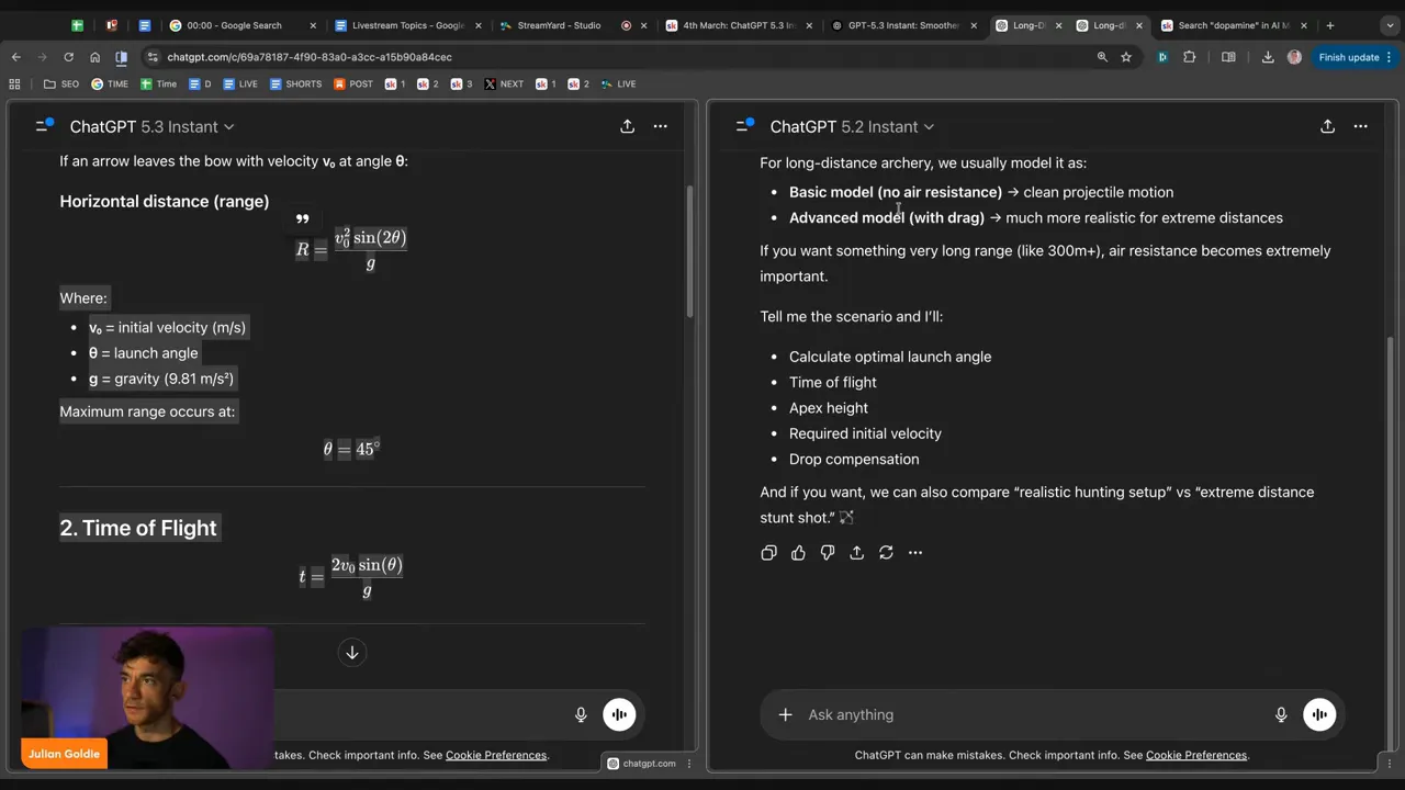 Sharp screenshot showing ChatGPT 5.3 Instant with the projectile range equation on the left and ChatGPT 5.2's longer list of outputs on the right