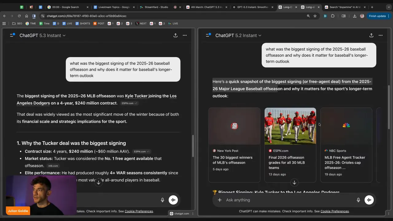 Clear screenshot of ChatGPT 5.3 Instant showing web search cards and a concise summarized response side-by-side, minimal presenter inset