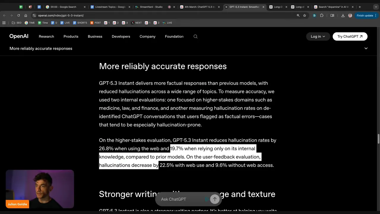 OpenAI page showing highlighted lines about hallucination reduction percentages for GPT-5.3 Instant (26.8% and 19.7%)