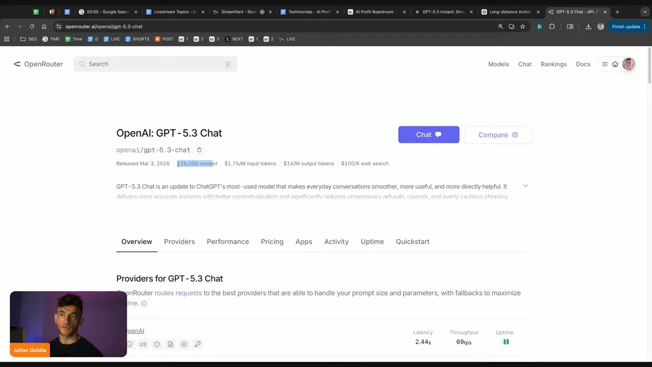 OpenRouter page showing OpenAI: GPT-5.3 Chat with '128,000 context' highlighted and small presenter thumbnail