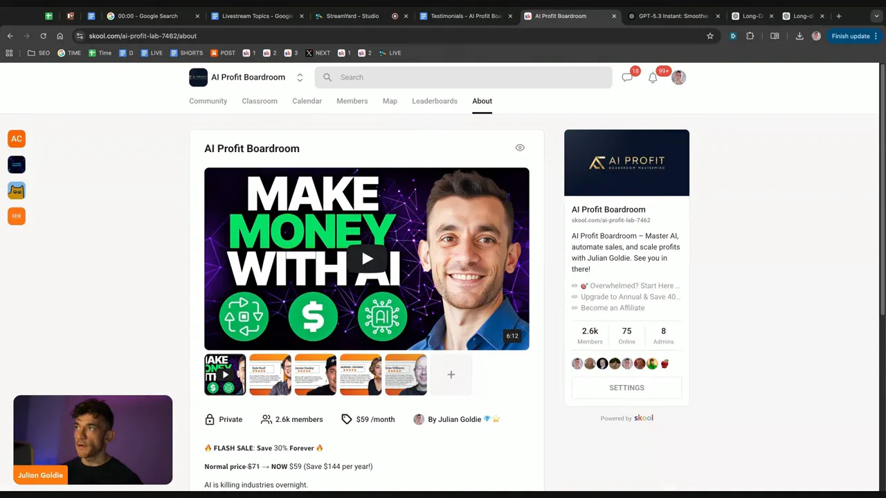 Clean screenshot of AI Profit Boardroom landing page showing 'Make Money With AI' hero and sidebar