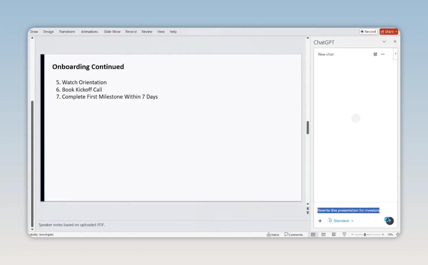 สไลด์ Onboarding Continued ใน PowerPoint พร้อมคำสั่งในแถบ ChatGPT ให้เขียน presentation ใหม่สำหรับนักลงทุน