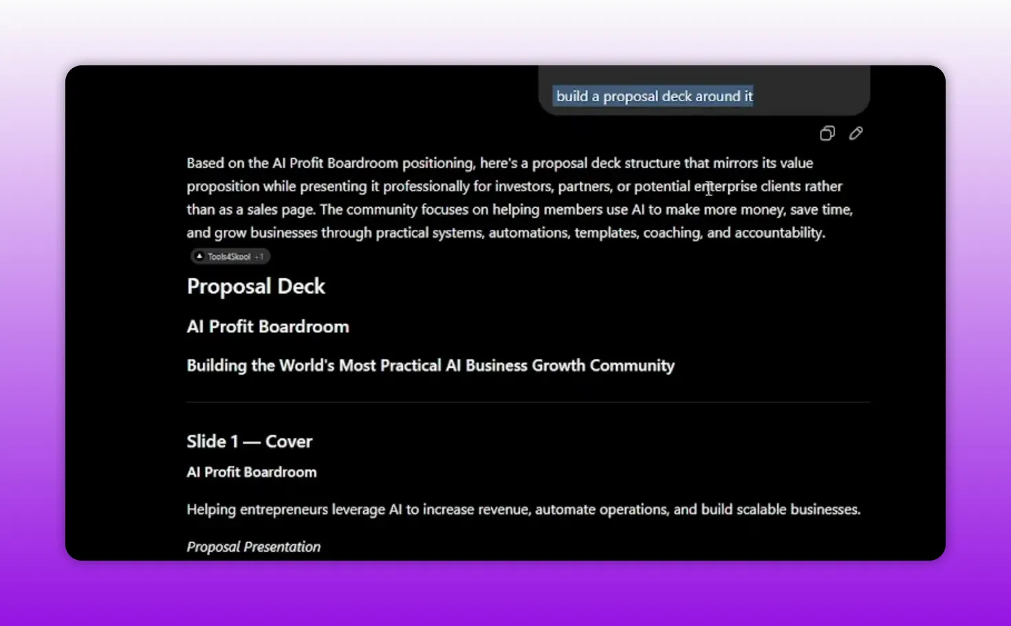 คำตอบแบบข้อความใน ChatGPT วางโครง Proposal Deck ของ AI Profit Boardroom และหัวข้อ Slide 1 Cover ยังไม่ใช่สไลด์ Executive Summary ที่เรนเดอร์แล้ว