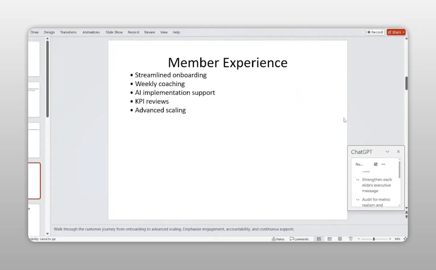 ชุดสไลด์ใน PowerPoint แสดงหัวข้อ Member Experience พร้อม bullet points