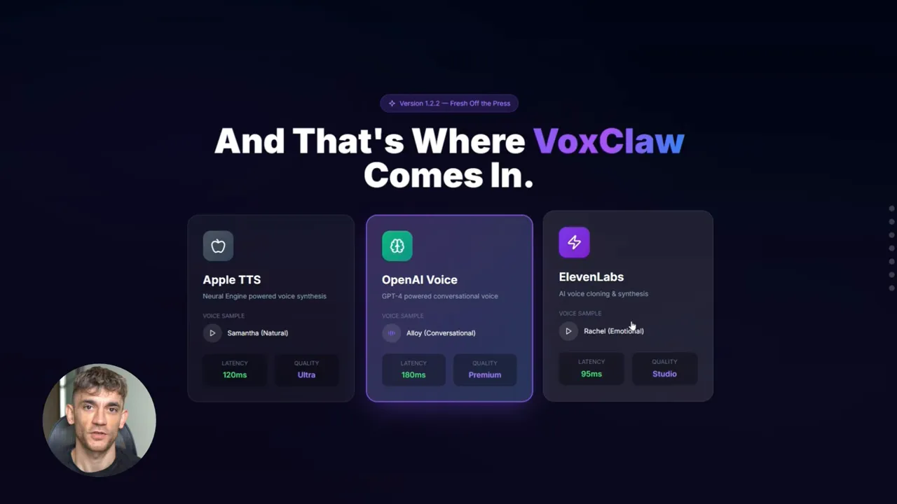 Clear VoxClaw screen showing Apple TTS, OpenAI Voice, and ElevenLabs cards with headline 'And That's Where VoxClaw Comes In.'