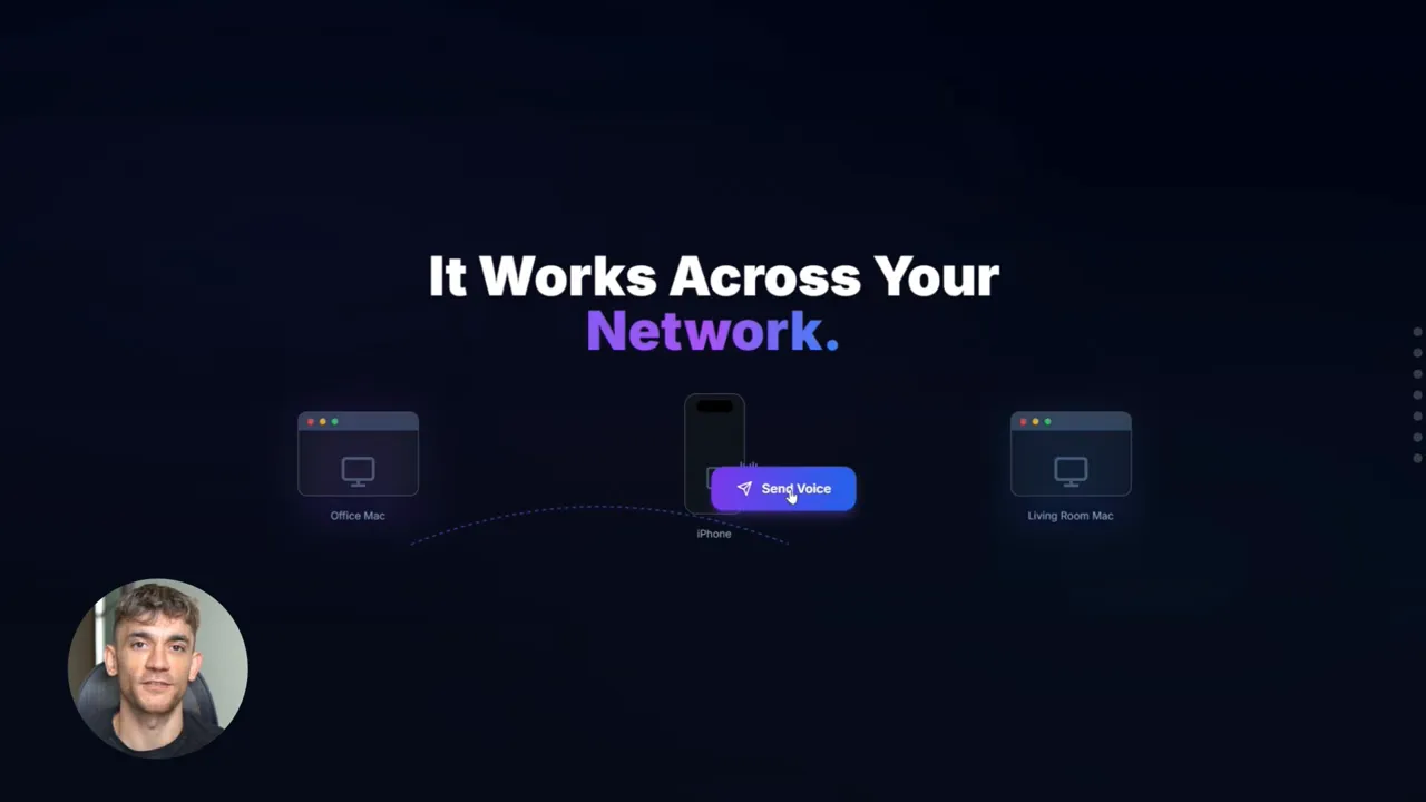 อินเทอร์เฟซ VoxClaw แสดงแผนผัง 'It Works Across Your Network.' กับไอคอน Office Mac, iPhone, Living Room Mac และปุ่ม 'Send Voice' ชัดเจน