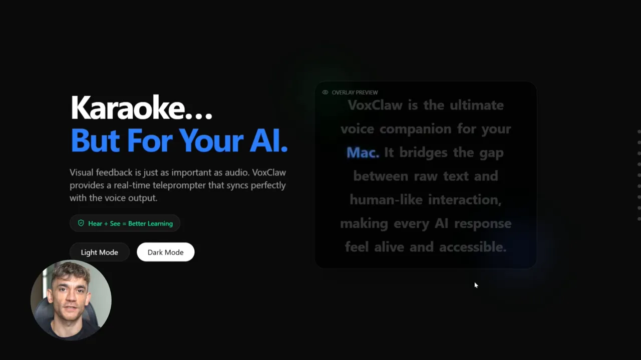 ภาพสกรีนช็อต VoxClaw เน้น teleprompter overlay ทางขวา แสดงคำที่ถูกไฮไลต์ชัดเจน