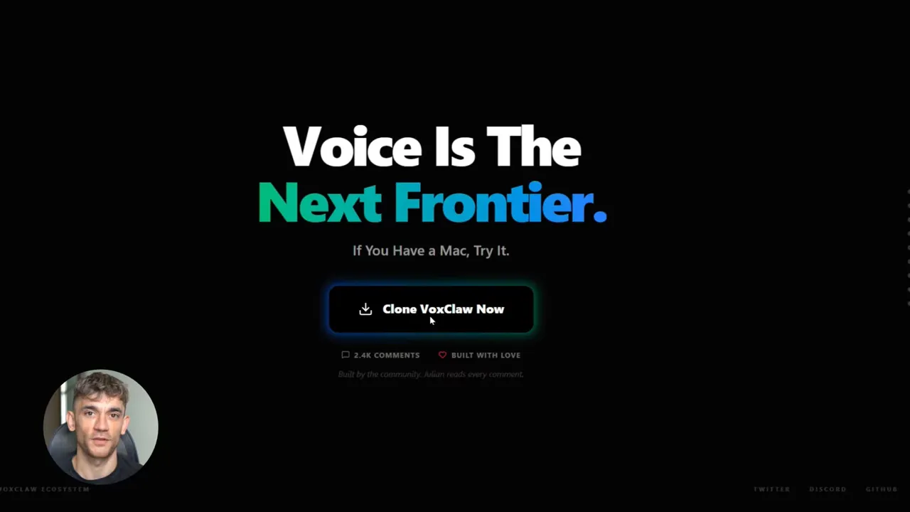 Clear VoxClaw hero with headline 'Voice Is The Next Frontier.' and prominent 'Clone VoxClaw Now' call-to-action