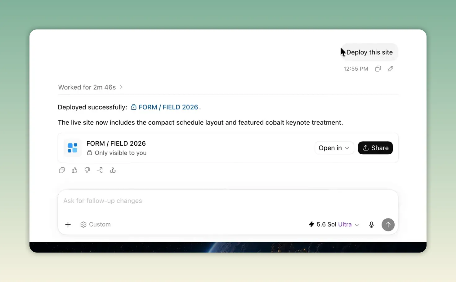 หน้า ChatGPT แจ้ง deploy FORM FIELD 2026 สำเร็จ พร้อมสถานะ Only visible to you
