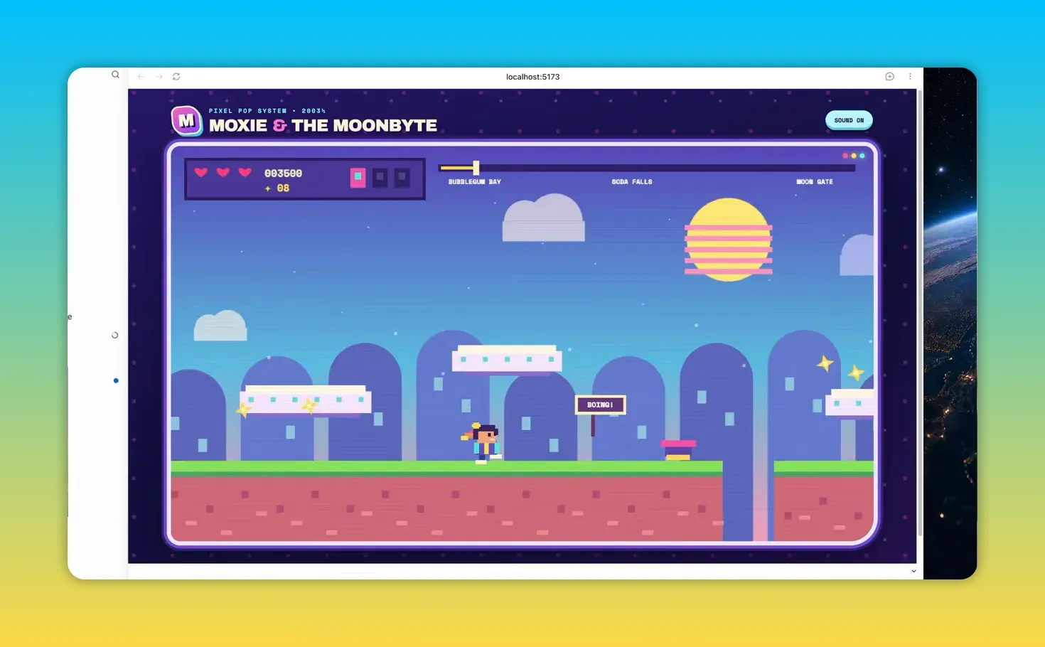 หน้าจอเกมพิกเซล MOXIE AND THE MOONBYTE แสดงตัวละคร ชานกระโดด และฉากเมือง