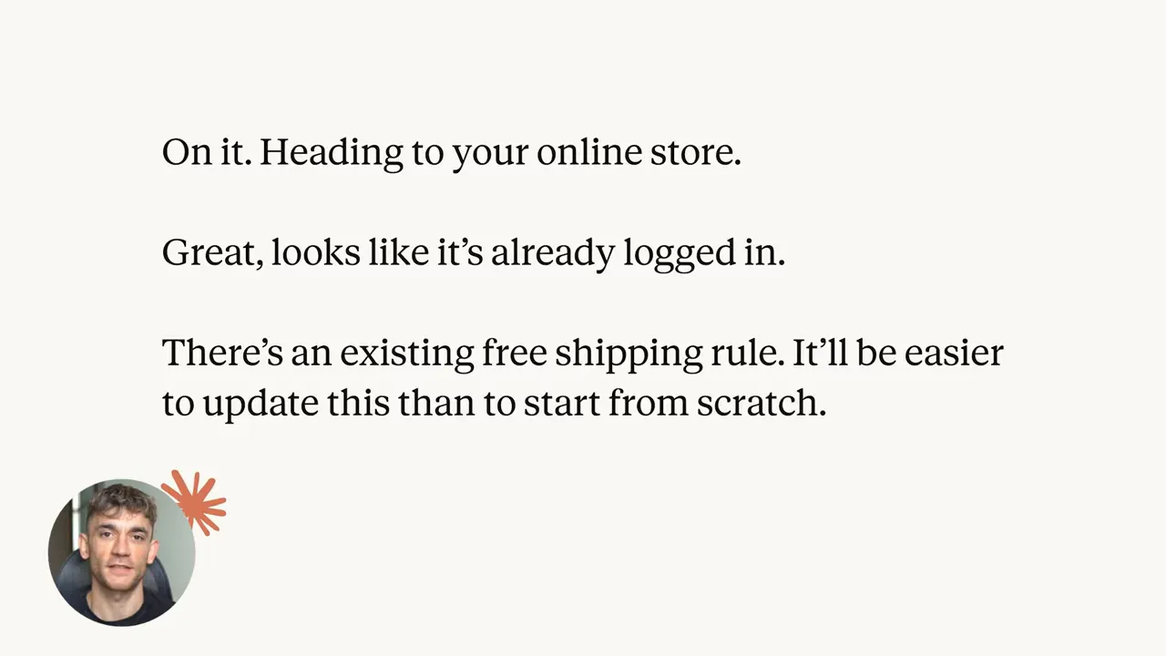 สกรีนช็อตข้อความตอบกลับบนพื้นสีครีม: 'On it. Heading to your online store.' พร้อมไอคอนโปรไฟล์ผู้บรรยายมุมล่างซ้าย