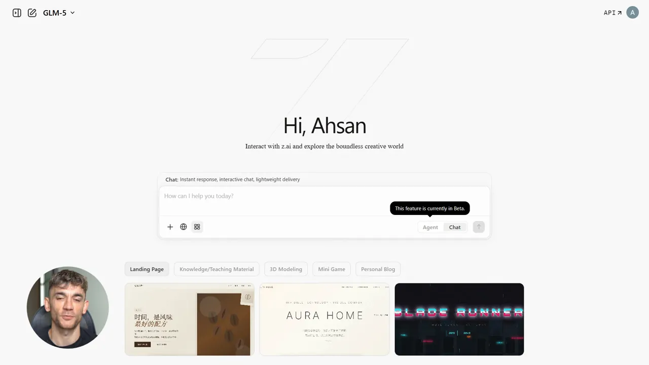 GLM5 landing page with greeting 'Hi, Ahsan', a chat input box and an Agent/Chat toggle