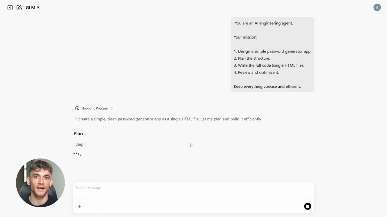 GLM5 interface screenshot showing the mission prompt, a visible 'Plan' section and 'Thought Process' — clear, readable text