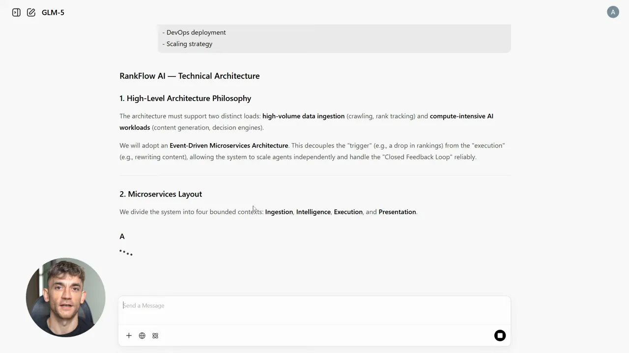 GLM5 อินเทอร์เฟซแสดงหัวข้อ 'RankFlow AI — Technical Architecture' พร้อมหัวข้อย่อย Microservices layout