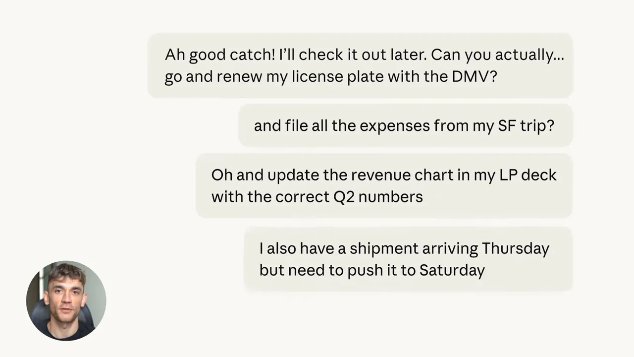 ชุดข้อความแชทแสดงรายการงานเช่น 'renew my license plate with the DMV', 'file all the expenses from my SF trip', 'update the revenue chart' พร้อมไอคอนโปรไฟล์ผู้บรรยาย