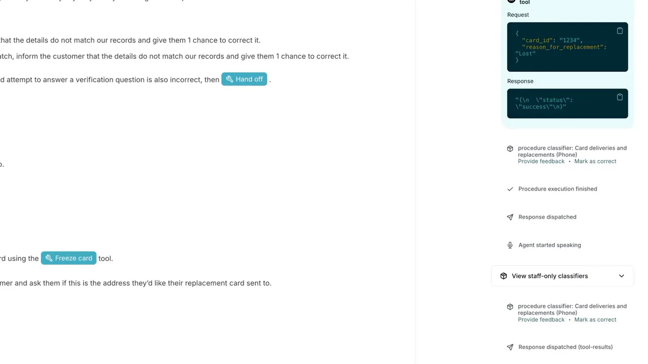 ตัวอย่าง workflow ของ AI agent สำหรับการจัดการเคสทดแทนบัตรพร้อมเหตุการณ์การทำงาน