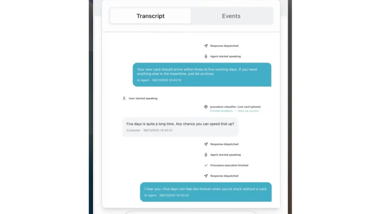 หน้าจอทรานสคริปต์และเหตุการณ์ของ AI agent ระหว่างการสนทนาทางเสียง