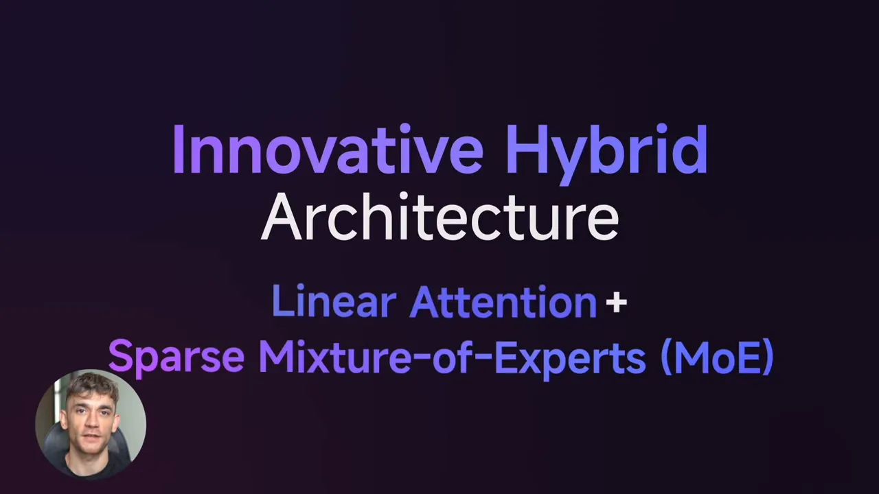 สไลด์แสดงสถาปัตยกรรมไฮบริดของ Qwen ระบุ Linear Attention และ Sparse Mixture-of-Experts