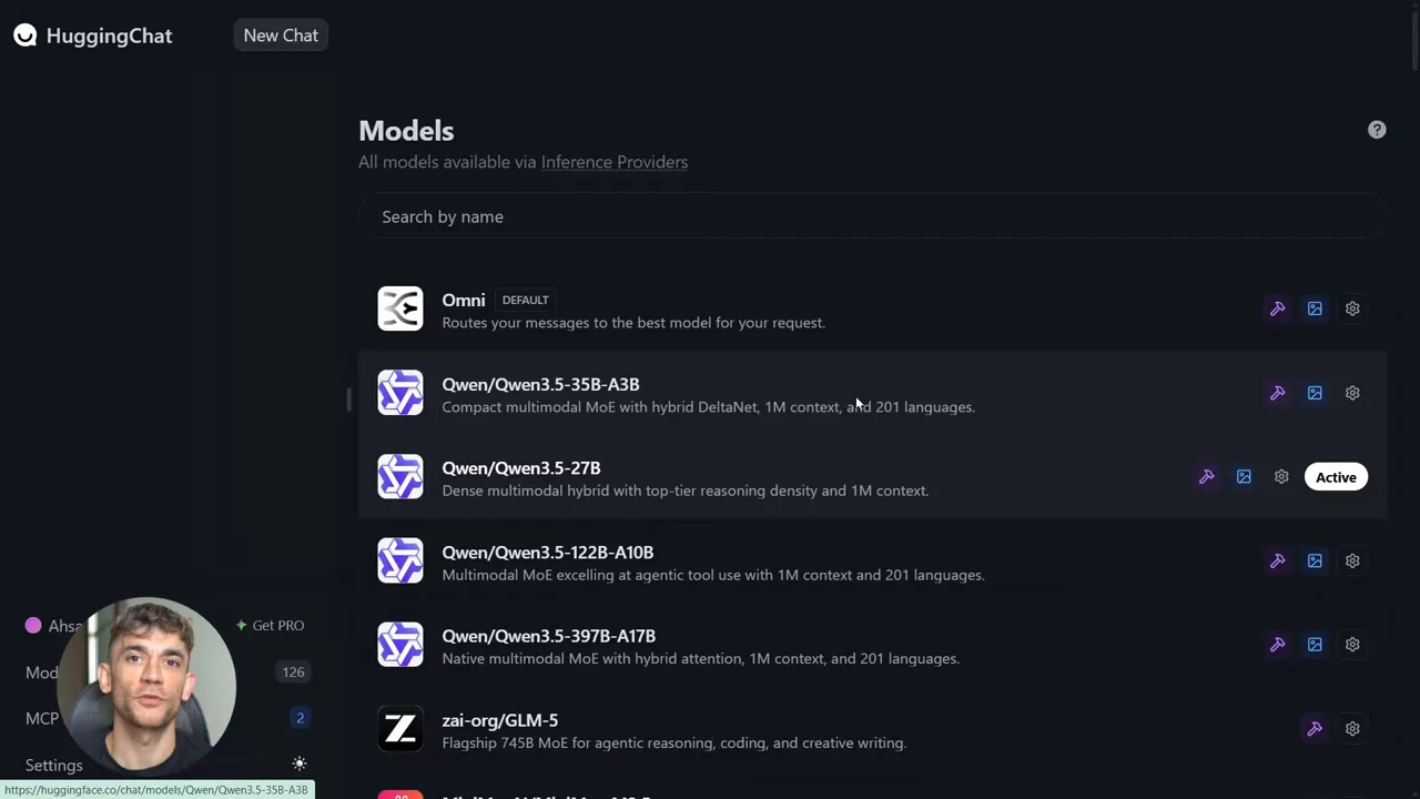 HuggingChat interface focused on Qwen model entries with clear labels
