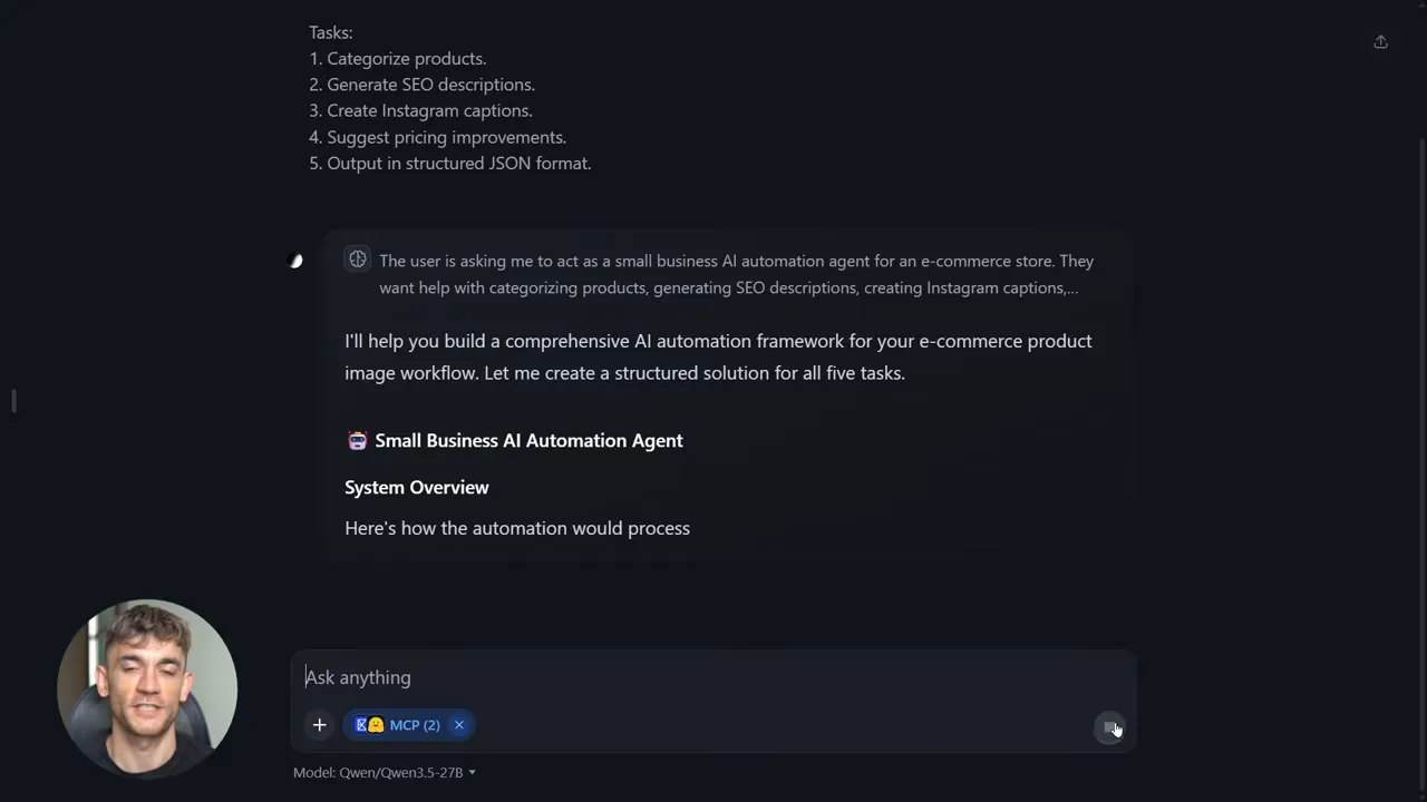 HuggingChat response titled 'Small Business AI Automation Agent' showing system overview and structured output