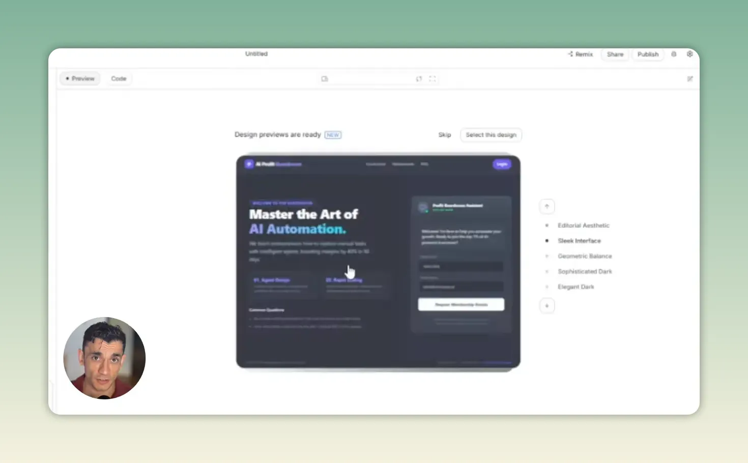 หน้าจอ Design previews แสดงตัวอย่างหน้า AI Profit Boardroom พร้อมแบบฟอร์มผู้ช่วย