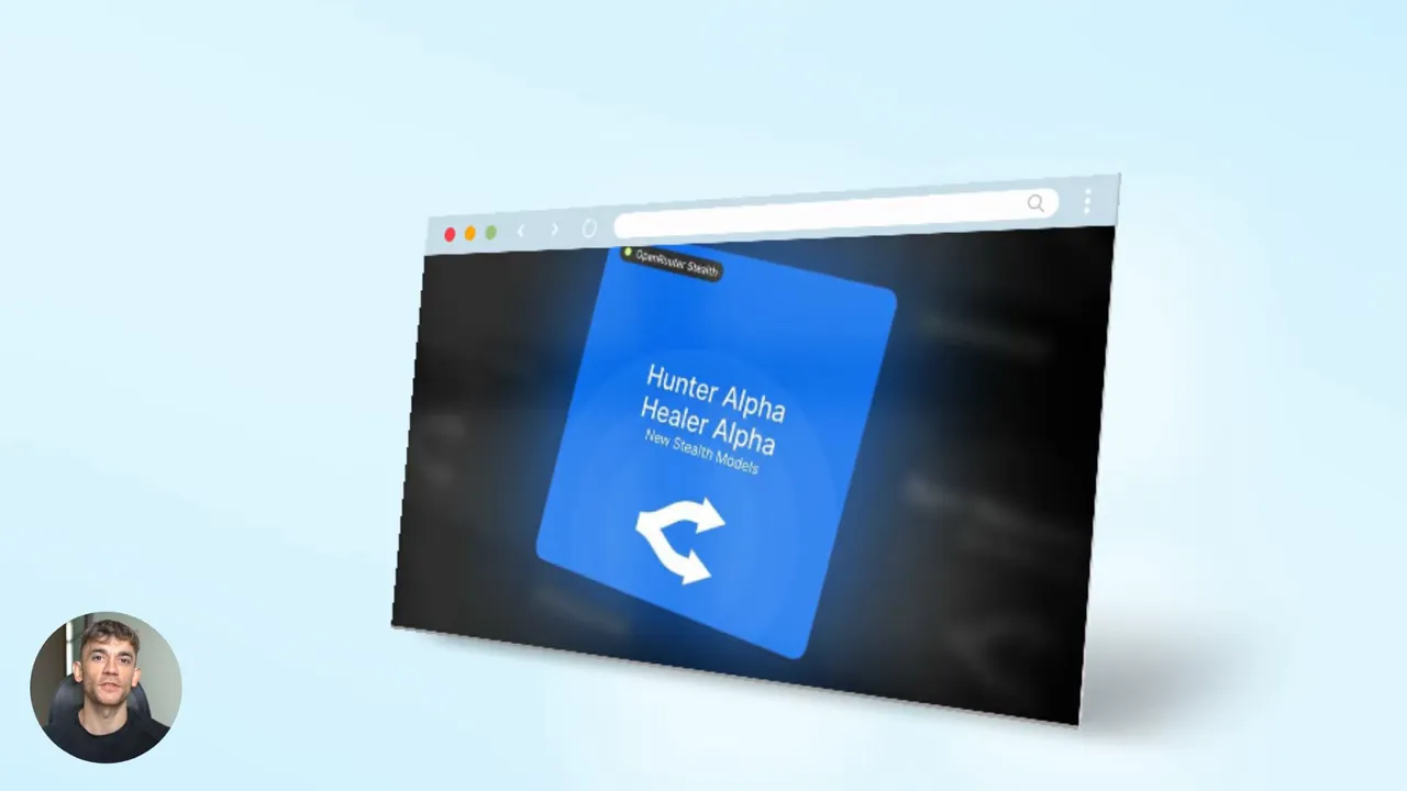 Browser screenshot showing a blue card labeled 'Hunter Alpha Healer Alpha - New Stealth Models' on a web page