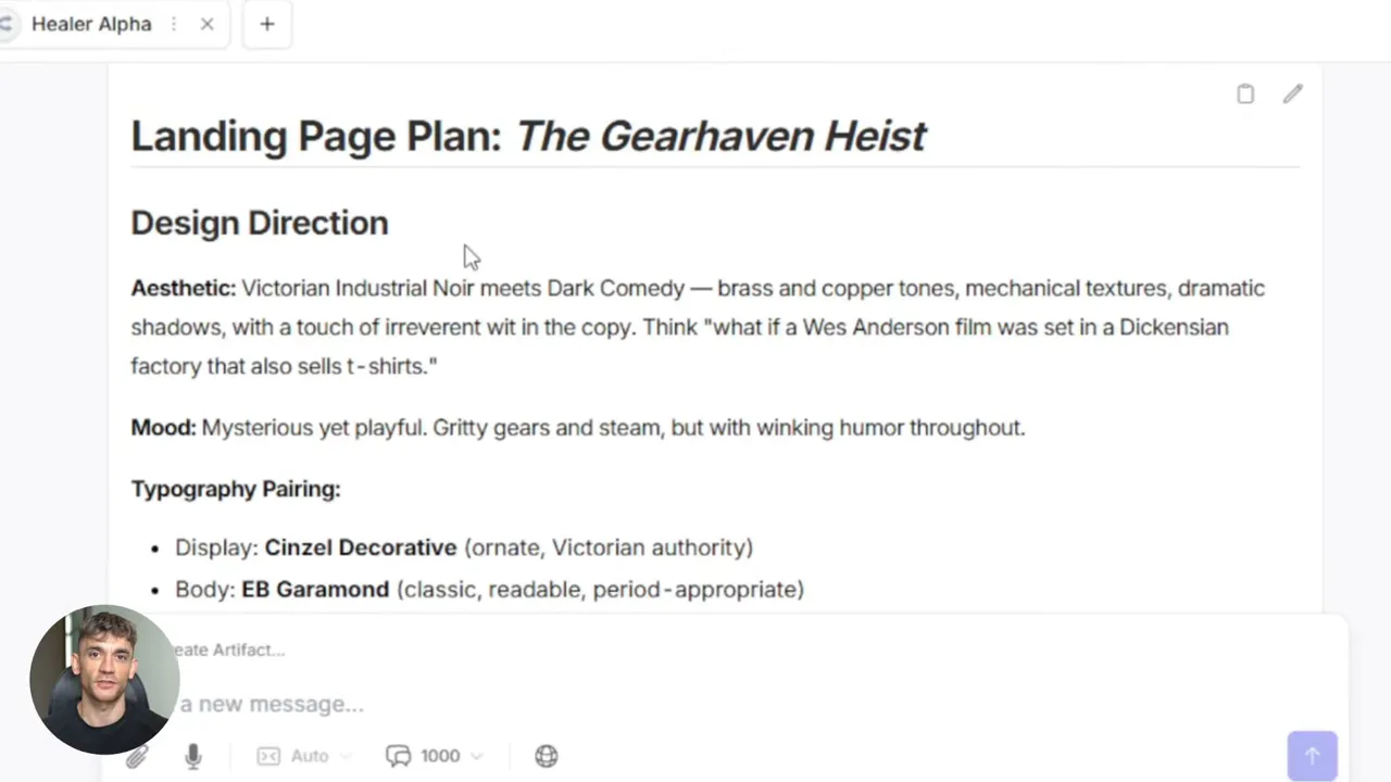 Healer Alpha UI showing a Landing Page Plan titled 'The Gearhaven Heist' with design direction and typography notes